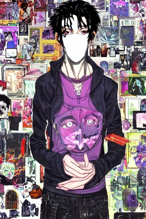 Image similar to a skinny goth guy wearing a face mask standing in a cluttered 9 0 s bedroom, full body character concept art, vaporwave colors, hirohiko araki art, inio asano art,