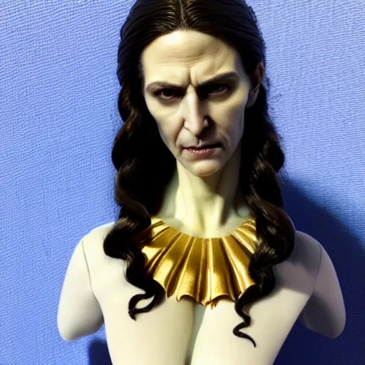 Image similar to photo taken of an epic intricate, ultra detailed, super realistic bust of a majestic gracious regal aristocratic brunette female vampire created by weta workshop, menacing, some zoomed in shots, photorealistic, sharp focus, white wall, extremely cold blueish colour temperature, 3 5 mm, f 1. 4, golden ratio