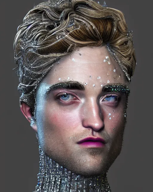 Image similar to a highly detailed metahuman 8 k close up render of robert pattinson renaissance in iris van herpen dress schiaparelli in diamonds crystals swarovski and jewelry iridescent in style of alphonse mucha gustav klimt trending on artstation made in unreal engine 4