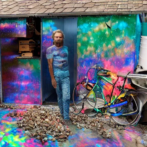 Image similar to a human standing in his garage, he is covered with iridescent bodypaint, his hair has shells and barnacles