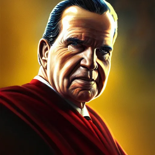 Prompt: glorious full head portrait of Richard Nixon as Thor, fantasy, intricate, elegant, digital painting, trending on artstation, concept art, sharp focus, illustration by Greg Rutkowski, Artgerm, 4k.