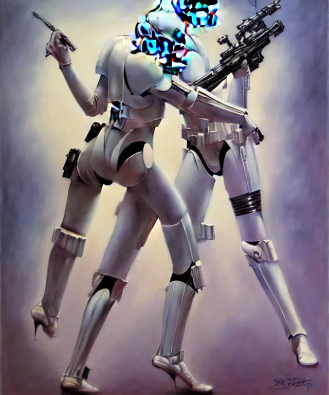 Prompt: storm trooper in the style of boris vallejo, hajime sorayama, peter mohrbacher, wayne barlowe, gustav moreau, bussiere, roberto ferri, santiago caruso, luis ricardo falero, austin osman spare, dali