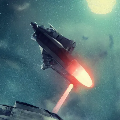 Image similar to space ship on the starry sky gets blown up by missile, stylized, artstation, hd, cgsociety, cgi, realistic, dramatic, cinematic, artistic, trending, detailed