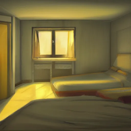 Image similar to hotel room, musty, ambient lighting, light shafts from window blinds, sun ray, dusty, moody, atmospheric, beautiful, abandoned room, motel room, artstation award, detailed, concept art, color sketch