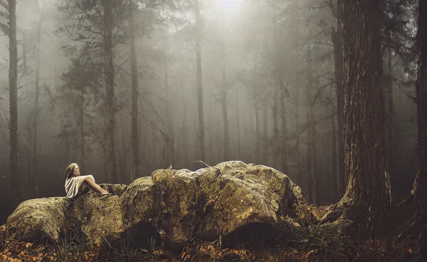 Image similar to a lonely wandering soul, resting in a forest sitting on a boulder, listening to the quiet and the breeze, smiling and looking up at the trees, by elizabeth gadd