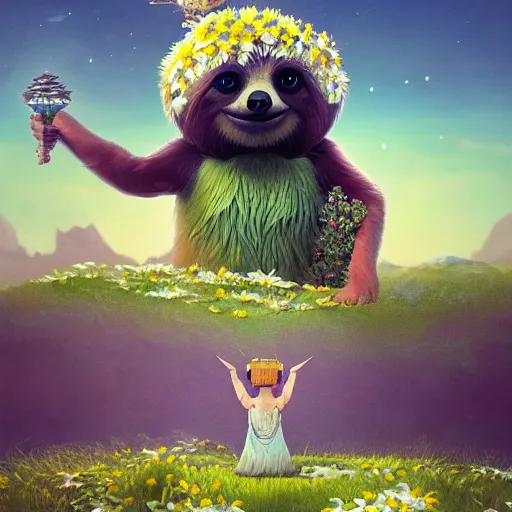 Image similar to a fairy sloth with a crown of daisies ,simon stålenhag, very highly detailed, award winning, rendered by Beeple, by Makoto Shinkai, syd meade, fantasy art concept, digital art, unreal engine, blender, WLOP, trending on artstation, 4K UHD image, octane render, cinematic style