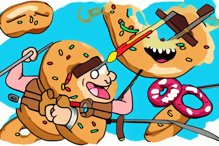 Prompt: a cartoon donut fighting a cartoon pretzel with swords. fight scene, dramatic