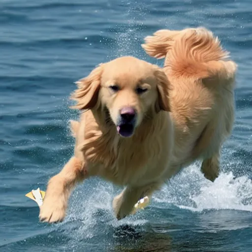 Prompt: golden retriever riding on a shark shooting lasers out of its eyes