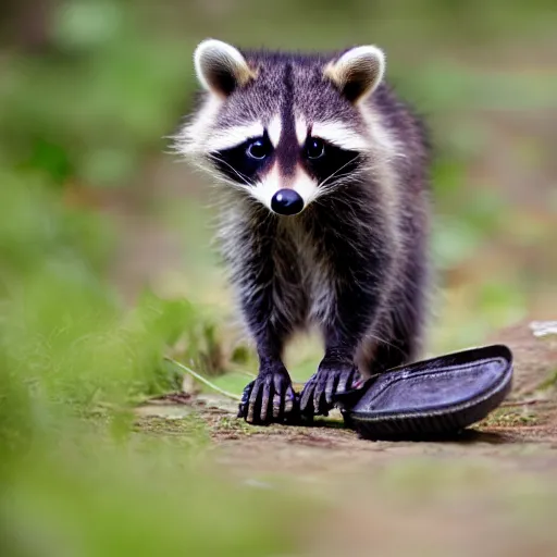 Image similar to a cute baby raccoon playing with a shoe, 5 0 mm f 1. 4