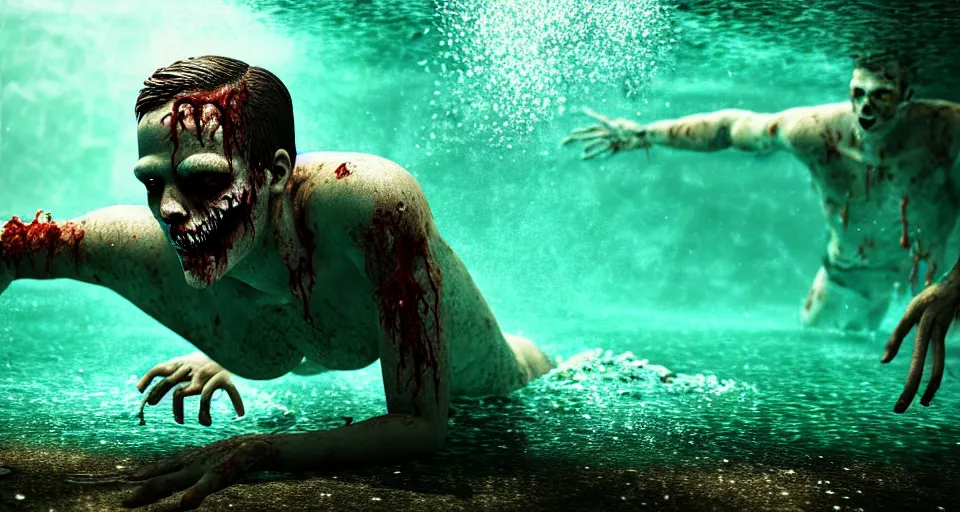 Image similar to highly detailed full body portrait of a zombie swimming underwater in a zombie - apocalypse, in a swimming pool, by stephen bliss, octane render