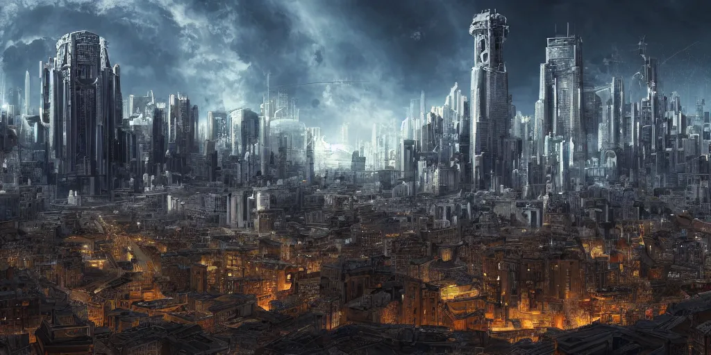 Image similar to futuristic roman empire cityscape with advanced technology, dark setting, 4 k, digital art