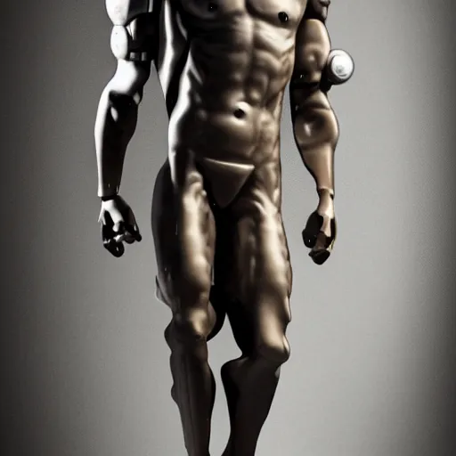 Image similar to a realistic detailed photo of a guy who is an attractive humanoid who is half robot and half humanoid, who is a male android, soccer player antoine griezmann, shiny skin, posing like a statue, blank stare, in a living room, on display, showing off his muscles