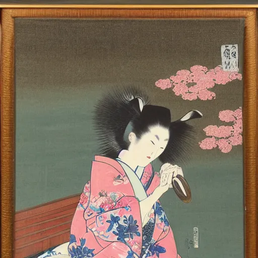 Prompt: Fox woman wearing a kimono, sitting outside in the early morning drinking tea, Japanese style painting, high detail