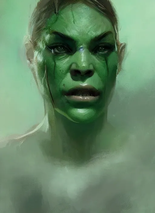 Image similar to green orc female, light green tone beautiful face, by jeremy mann, by greg rutkowski, by wlop, digital painting