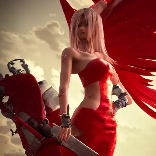 Image similar to epic scene of very attractive final fantasy vii female character, detail face, lovely eyes and detailed lips, with amazing detail red dress, feet in high heels, side view ) ( fighting ) hyper realistic 3 d render, art station, particles, epic scene, mucha, clouds, seductive jump pose, blur focus, action,