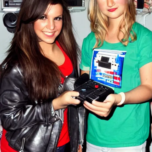 Image similar to Super Nintendo playing and Xbox 360 but it's a Sega Genesis making out with Brittany spears