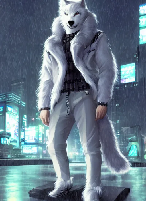 Image similar to character portrait of a male anthro white wolf fursona with a tail and a cute beautiful attractive furry face wearing stylish cyberpunk clothes in a cyberpunk city at night while it rains. hidari, color page, tankoban, 4K, tone mapping, Akihiko Yoshida.