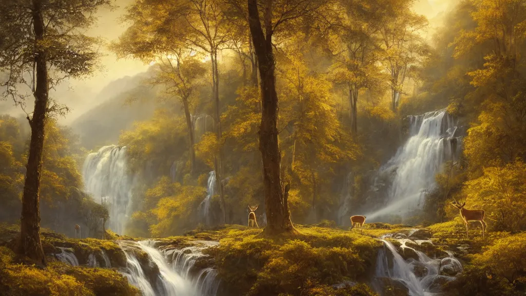 Prompt: the most beautiful panoramic landscape, oil painting, where a giant dreamy waterfall creates a river, the trees around are starting to bloom in yellow colors, a majestic deer is in close - up and it is exhaling steam, the ray lights of the sunrise are brightening him, by greg rutkowski