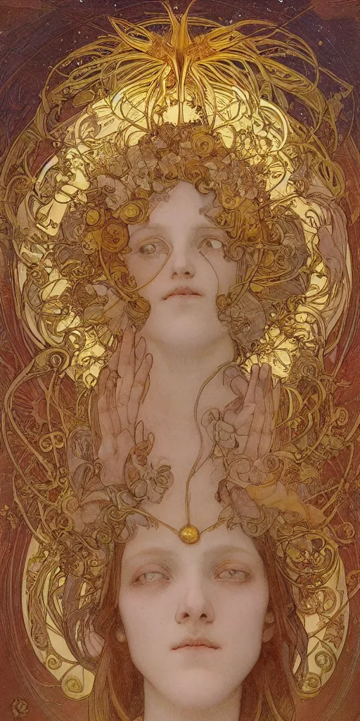 Image similar to portrait burning saint face, venus, athena, halo, by alphons mucha and annie swynnerton and jean delville, strong dramatic cinematic lighting, ornate headdress, flowing robes, spines, flowers, stars, lost civilizations, smooth, sharp focus, extremely detailed, marble, molten gold, space