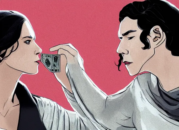 Prompt: reylo kissing, dollar bill!!!, rey and kylo ren