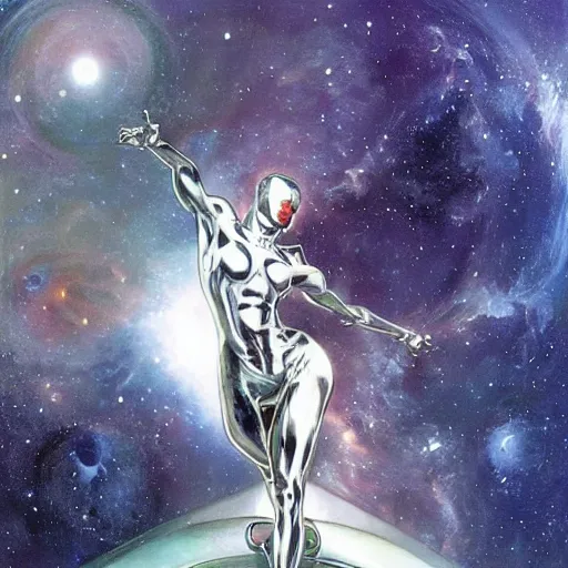 Image similar to silver surfer in space on top of a jdm car, intricate, elegant, highly detailed, digital painting, artstation, concept art, smooth, sharp focus, illustration, art by Krenz Cushart and Artem Demura and alphonse mucha