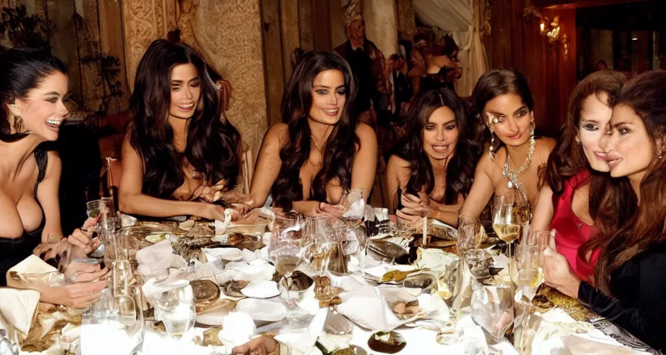 Image similar to candid group photo of sofia vergara, and salma hayek, and penelope cruz, and catherine zeta jones, and eva mendes, sitting around a long table at a dinner, laughing