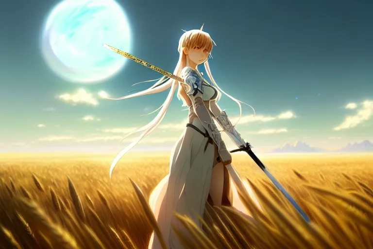 Prompt: wlop's legendary and beautiful anime - style digital painting of saber lily standing in a field of wheat, facing the far - off city to the west, intricate details, ultra realistic, beautiful art, volumetric lighting, by wlop, by art germ, by brom, trending cgsociety, artstation