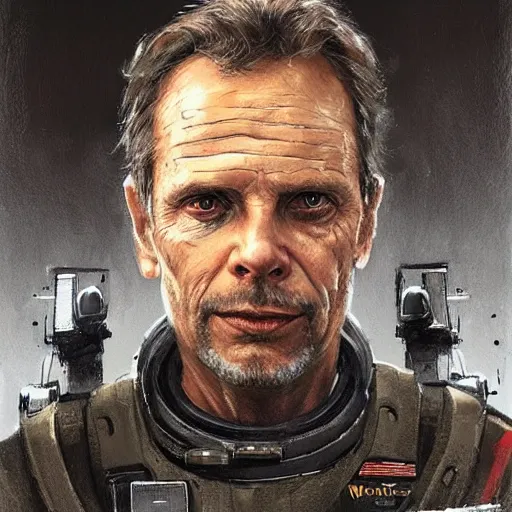 Image similar to portrait of a man by greg rutkowski, michael biehn as an space security officer, he is about 6 0 years old, military composure, wearing the tactical gear of weyland company, highly detailed portrait, digital painting, artstation, concept art, smooth, sharp foccus ilustration, artstation hq