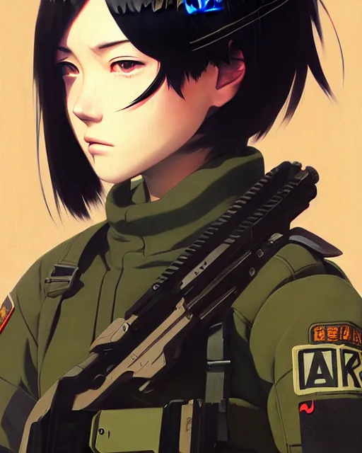 Image similar to girl wearing tactical gear, very anime, fine - face, audrey plaza, realistic shaded perfect face, fine details. anime. realistic shaded lighting poster by ilya kuvshinov katsuhiro otomo ghost - in - the - shell, magali villeneuve, artgerm, jeremy lipkin and michael garmash and rob rey