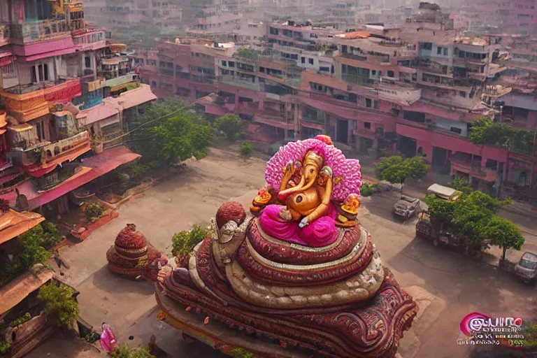 Image similar to beautiful dreamy! biomorphic new delhi, ganesha!! building, kalighat flowers, octane highly detailed cinematic, stephen shore & john j. park, soft morning light, wide shot, aerial shot, uhd 8 k, shallow depth of field