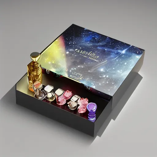 Image similar to perfume in galaxy gift box, highly detailed, concept art, realistic, octane render, unreal engine, up close shot