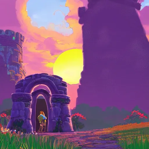 Image similar to Magical purple portal, castle ruins in background, sunset, glowing sun, miss, style of breath of the wild, studio ghibli