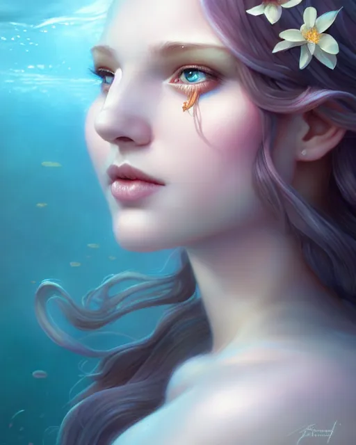 Image similar to character art of a queen of magnolias as windy dusty underwater angelic young female | | seductive - fine - face, pretty face, key visual, realistic shaded perfect face, fine details by artgerm, wlop, tom bagshaw, james jean, andrei riabovitchev, marc simonetti, trending on artstation