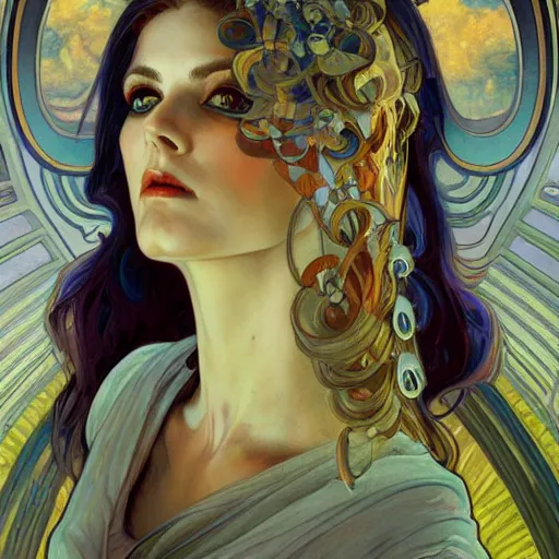 Prompt: a retrofuturist painting in the style of donato giancola, and in the style of charlie bowater, and in the style of alphonse mucha. symmetry, smooth, sharp focus, semi - realism, intricate detail.