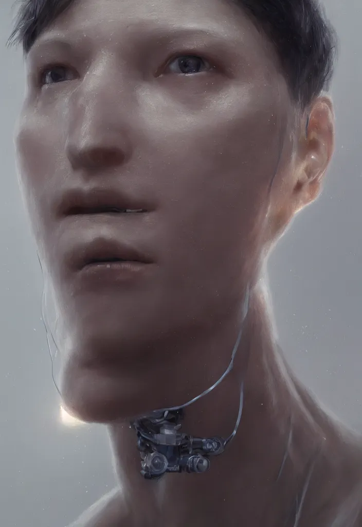 Image similar to a head and shoulder portrait of a robotic human by greg rutkowski, sung choi, mitchell mohrhauser, maciej kuciara, johnson ting, maxim verehin, peter konig, 8 k photorealistic, cinematic lighting, hd, high details, dramatic, dark atmosphere, trending on artstation