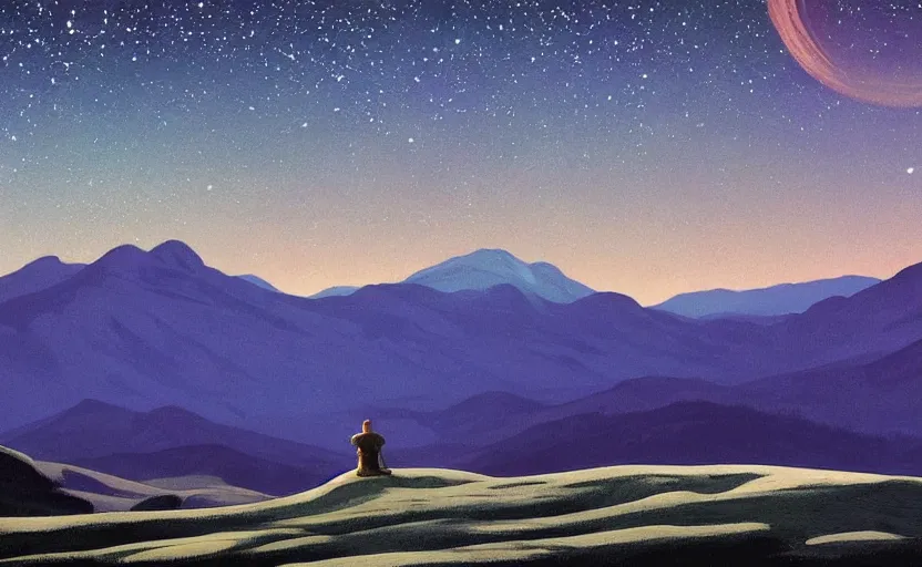 Prompt: mountains, stars and paisley filled sky, artstation, intricate, highly detailed, digital painting, concept art, sharp focus, illustration by Edward Hopper and Jean Claude Mézières