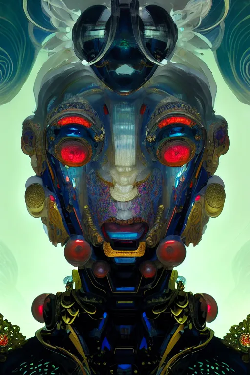 Image similar to asura from chinese myth, ghost, gorgeous and huge head ornaments, dystopian, cyberpunk, organic fractal mycelum and fungi, mecha, halfturn portrait of a big crystal face made of crystals half - turn, ominous, intricate, studio, art by anthony macbain + greg rutkowski + alphonse mucha, concept art, 4 k, sharp focus