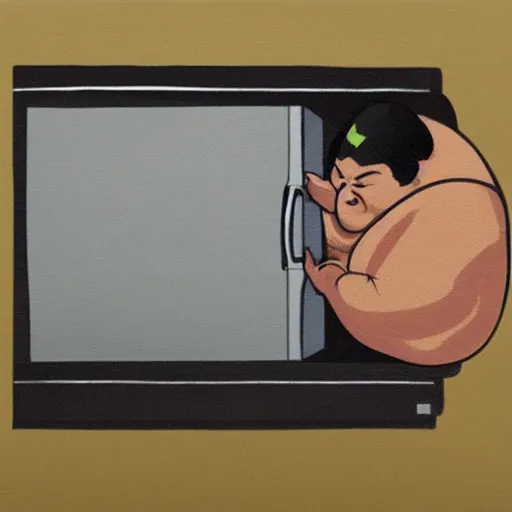 Image similar to painting of a sumo wrestler trapped inside of a microwave