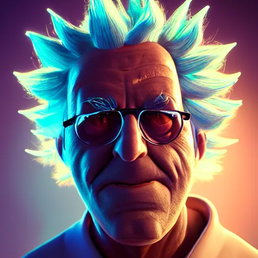 Image similar to portrait of old shaved rick sanchez, lab coat and tee shirt, lens flare, atmosphere, glow, detailed, intricate, full of colour, cinematic lighting, trending on artstation, 4 k, hyperrealistic, focused, extreme details, unreal engine 5, cinematic, masterpiece