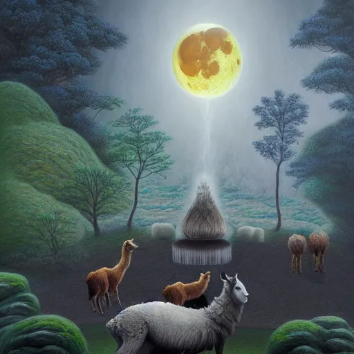 Prompt: a wolf with 2 sheep meditating in a zen garden with a waterfall under the blood moon, by Adi granov and afarin sajedi and amanda sage and evgeni gordiets and Agostino Arrivabene and adonna khare in a psychedelic portrait style, ultrarealistic matte painting, volumetric lighting, fractal, extremely symmetrical, highly detailed face, orisha, 8k, hd