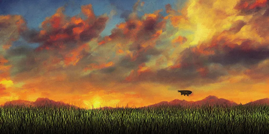 Prompt: empty grass land for miles in every direction godzilla walks in the distance on the horizon puffy clouds in the sky at beautiful sunset, rule of thirds, hyper detailed, art, insane complexity red and yellow