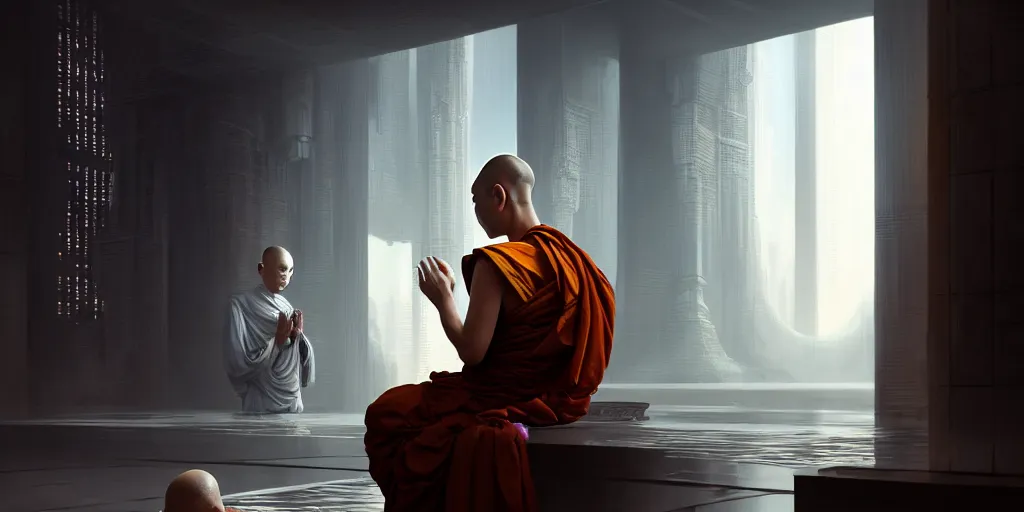 Prompt: Ultra realistic illustration, buddhist monk looking at himself in the mirror, cyberpunk, sci-fi, fantasy, intricate, elegant, highly detailed, digital painting, artstation, concept art, smooth, sharp focus, illustration art in the style of artgerm, by greg rutkowski, by moebius, rendered in octane render,