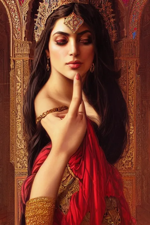 Prompt: Beautiful portrait of a Persian Princess who is an architect, beautiful princess, face painting, architecture, persian style architecture, dramatic lighting, intricate, wild, highly detailed, digital painting, artstation, concept art, smooth, sharp focus, illustration, black+velvet+red, art by artgerm and greg rutkowski and alphonse mucha, footage from space camera