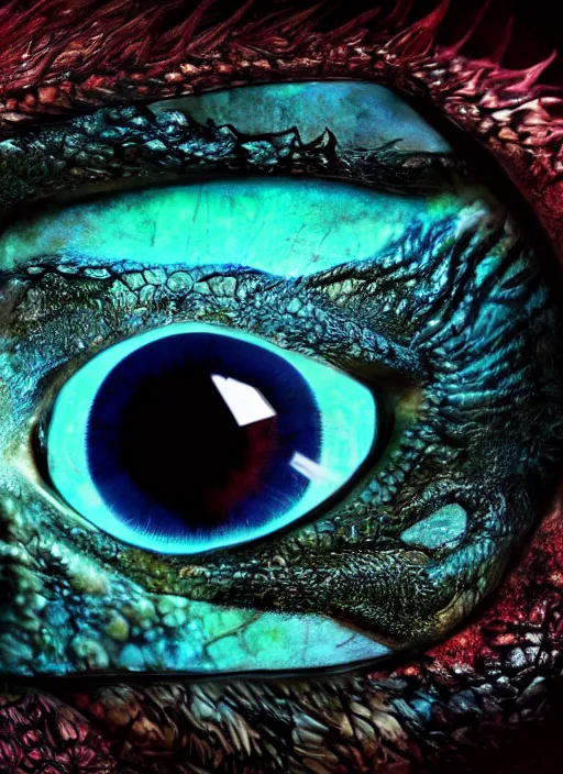 Prompt: color photo of a dragon eye, fantasy horror