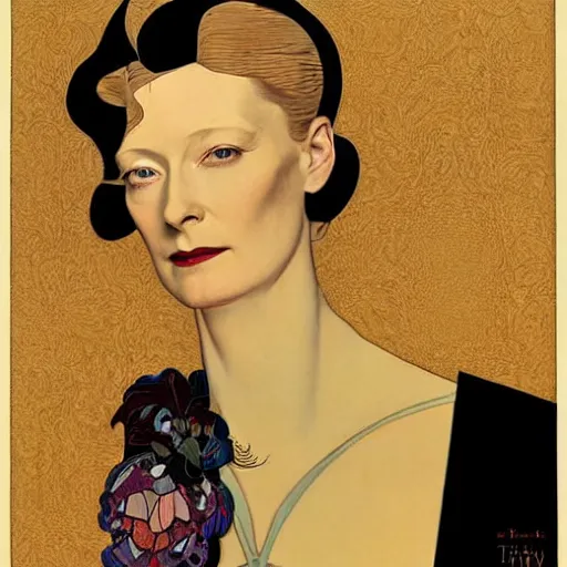 Prompt: a portrait by coles phillips of the stunningly beautiful actree, tilda swinton, mucha, kandinsky, art deco, decadence,