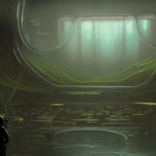 Image similar to Matte Painting of an astronaut in an empty dark flooded ballroom overgrown with aquatic plants, film still from the movie directed by Denis Villeneuve with art by zdislav beksinski and wayne barlowe, cyberpunk, highly detailed, trending on artstation, wide lens, dark and foreboding.