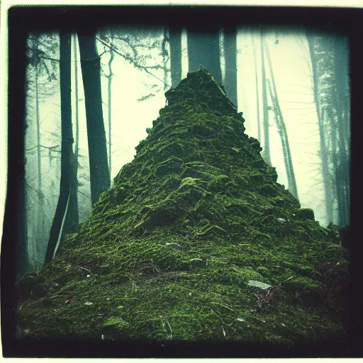 Prompt: a mossy rock pyramid in the middle of a forest clearing at night, dark, foggy, eerie, creepy, unsettling, lost footage, old polaroid, expired film,