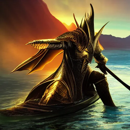 Image similar to lord sauron on his new paddle, digital art, trending on art station, high quality, uhd 8 k, beautiful, golden hour, intricate detail, high gradient, raytracing