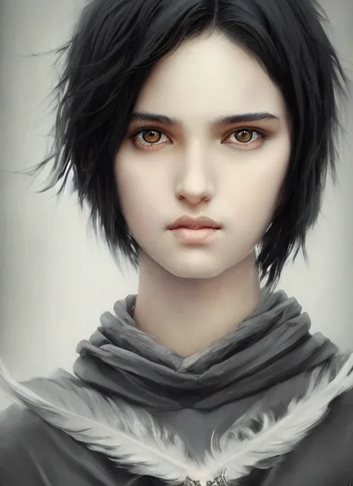 Prompt: a teenage girl with very short black hair and a huge cloak made of grey and black feathers. beautiful highly detailed face. beautiful painting by artgerm and greg rutkowski and raymond swanland, detailed portrait, closeup