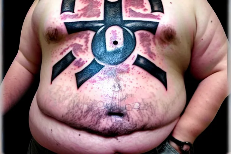 Image similar to ugly amateur tattoo of Mjölnir on a fat man's belly